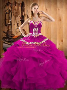 Fuchsia Lace Up Sweetheart Embroidery and Ruffles 15th Birthday Dress Satin and Organza Sleeveless