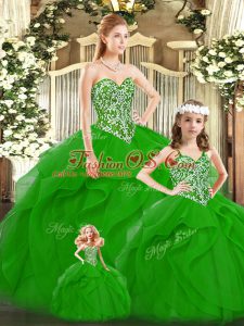 Green Ball Gowns Tulle Sweetheart Sleeveless Beading and Ruffles Floor Length Lace Up Sweet 16 Dresses