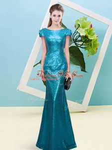 Extravagant Floor Length Teal Prom Party Dress Sequined Cap Sleeves Sequins