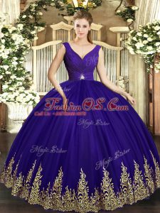 Cheap Ball Gowns Vestidos de Quinceanera Purple V-neck Tulle Sleeveless Floor Length Backless