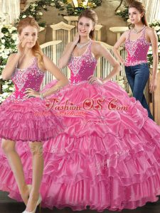 Stylish Floor Length Lace Up Quinceanera Dresses Hot Pink for Military Ball and Sweet 16 and Quinceanera with Beading and Ruffles and Pick Ups
