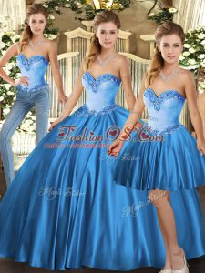 New Style Baby Blue Three Pieces Sweetheart Sleeveless Tulle Floor Length Lace Up Beading Sweet 16 Quinceanera Dress