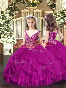 Elegant Fuchsia Sleeveless Beading and Ruffles Floor Length Kids Formal Wear