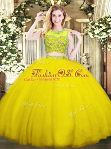 Beading 15th Birthday Dress Yellow Green Zipper Sleeveless Floor Length