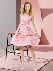 Watermelon Red A-line Scoop Sleeveless Lace Knee Length Zipper Bowknot Quinceanera Dama Dress