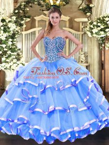 Baby Blue Sleeveless Floor Length Beading and Ruffled Layers Lace Up Quinceanera Gown