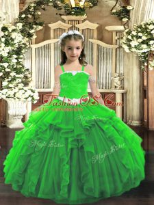 Green Sleeveless Floor Length Appliques and Ruffles Lace Up Little Girls Pageant Dress Wholesale