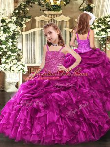 Straps Sleeveless Little Girls Pageant Dress Wholesale Floor Length Beading and Ruffles Fuchsia Organza