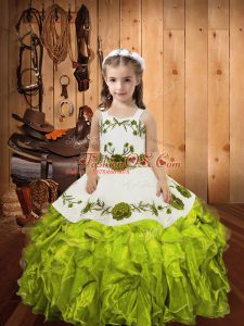 Olive Green Organza Lace Up Kids Pageant Dress Sleeveless Floor Length Embroidery and Ruffles