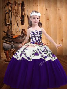 Beautiful Purple Tulle Lace Up Little Girl Pageant Gowns Sleeveless Floor Length Embroidery