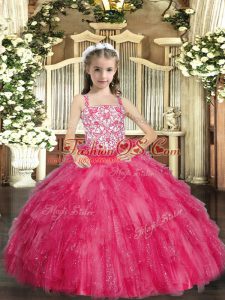 Most Popular Floor Length Hot Pink Pageant Dress Womens Straps Sleeveless Lace Up