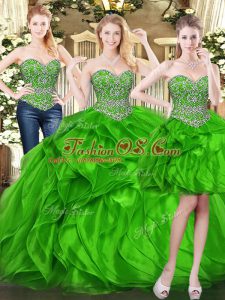 Pretty Green Sleeveless Floor Length Beading and Ruffles Lace Up Sweet 16 Dress