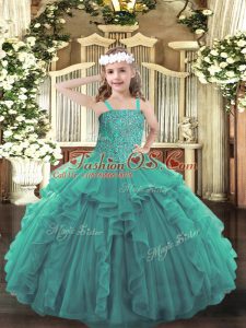 Turquoise Straps Lace Up Beading and Ruffles Pageant Dress for Teens Sleeveless