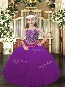 Adorable Purple Lace Up Straps Beading Pageant Dress Womens Tulle Sleeveless