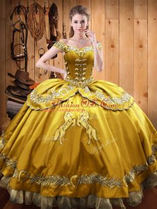 Designer Gold Sleeveless Satin and Organza Lace Up Quinceanera Dresses for Sweet 16 and Quinceanera