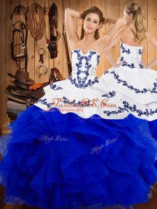 Classical Blue And White Strapless Lace Up Embroidery and Ruffles Quinceanera Dresses Sleeveless