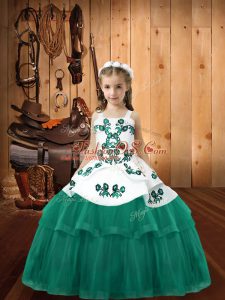 Turquoise Tulle Lace Up Straps Sleeveless Floor Length Girls Pageant Dresses Embroidery
