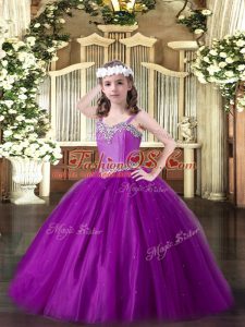 Most Popular Straps Sleeveless Lace Up Pageant Gowns Eggplant Purple Tulle