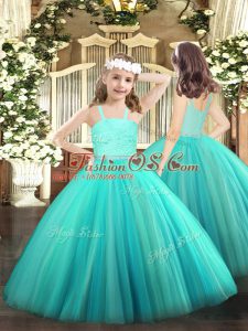 Custom Designed Turquoise Zipper Straps Beading and Lace Little Girl Pageant Gowns Tulle Sleeveless