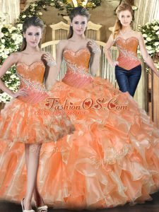 Best Sweetheart Sleeveless Quinceanera Gown Floor Length Beading and Ruffles Orange Red Tulle