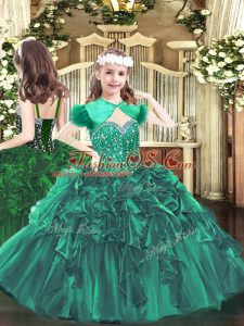 Fancy Floor Length Lace Up Kids Pageant Dress Dark Green for Party and Quinceanera with Beading and Ruffles