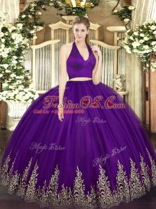 Dark Purple Two Pieces Halter Top Sleeveless Tulle Floor Length Zipper Appliques 15th Birthday Dress