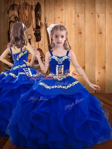 Trendy Royal Blue Organza Lace Up Kids Formal Wear Sleeveless Floor Length Embroidery