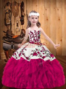Sleeveless Organza Floor Length Lace Up Pageant Dresses in Fuchsia with Embroidery
