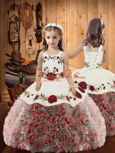 Fabric With Rolling Flowers Straps Sleeveless Lace Up Embroidery and Ruffles Girls Pageant Dresses in Multi-color
