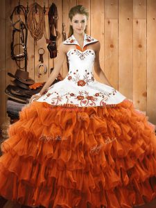 Top Selling Rust Red Sleeveless Floor Length Embroidery and Ruffled Layers Lace Up Quinceanera Dress
