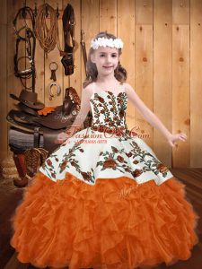 Sleeveless Organza Floor Length Lace Up Glitz Pageant Dress in Orange Red with Embroidery and Ruffles