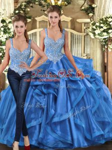 Beautiful Floor Length Blue Sweet 16 Dresses Tulle Sleeveless Beading and Ruffles