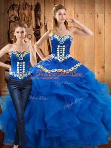 Pretty Blue Sweetheart Lace Up Embroidery and Ruffles Quince Ball Gowns Sleeveless