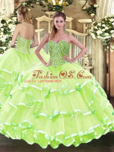 Yellow Green Ball Gowns Tulle Sweetheart Sleeveless Beading and Ruffled Layers Floor Length Lace Up Ball Gown Prom Dress