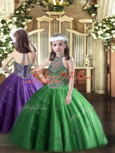 Green Sleeveless Floor Length Beading Lace Up Little Girl Pageant Dress