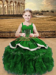 Customized Green Sleeveless Beading and Ruffles Floor Length Little Girls Pageant Dress Wholesale