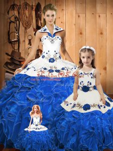 Decent Embroidery and Ruffles Vestidos de Quinceanera Blue Lace Up Sleeveless Floor Length