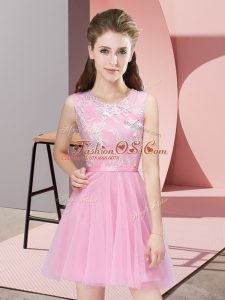 Sweet A-line Bridesmaids Dress Pink Scoop Tulle Sleeveless Mini Length Side Zipper