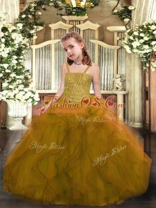 High End Floor Length Olive Green Little Girls Pageant Gowns Straps Sleeveless Lace Up