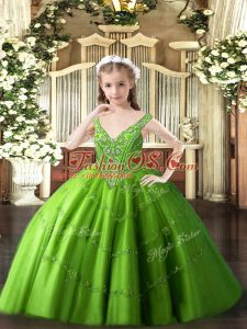 Custom Designed Green Tulle Lace Up Little Girls Pageant Gowns Sleeveless Floor Length Beading and Appliques