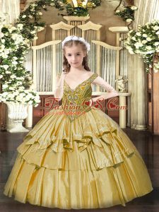 Classical Sleeveless Organza Floor Length Lace Up Pageant Dress for Womens in Gold with Beading and Ruffled Layers
