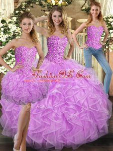 Great Lilac Ball Gowns Tulle Sweetheart Sleeveless Beading and Ruffles Floor Length Lace Up Quinceanera Dress