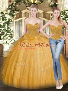 Elegant Sweetheart Sleeveless 15th Birthday Dress Floor Length Beading and Ruffles Gold Tulle
