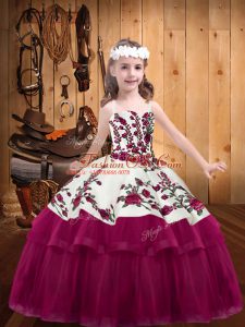 Floor Length Fuchsia Little Girl Pageant Gowns Straps Sleeveless Lace Up