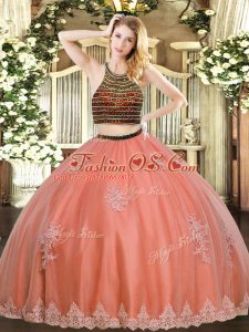 Traditional Coral Red Ball Gowns Beading and Appliques Sweet 16 Quinceanera Dress Zipper Tulle Sleeveless Floor Length