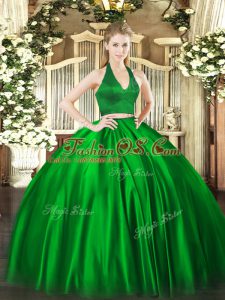 Superior Green Zipper Halter Top Ruching 15 Quinceanera Dress Satin Sleeveless