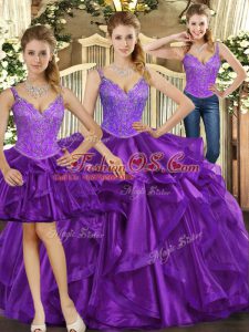 Best Floor Length Purple Sweet 16 Dress Organza Sleeveless Beading and Ruffles