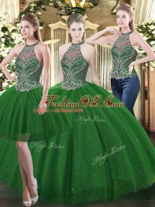 Custom Design Sleeveless Tulle Floor Length Lace Up Quinceanera Gown in Dark Green with Beading