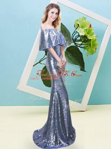 Traditional Blue Off The Shoulder Neckline Sequins Prom Party Dress Half Sleeves Zipper