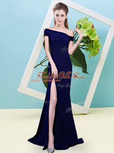 Glittering Royal Blue Sleeveless Floor Length Ruching Zipper Vestidos de Damas